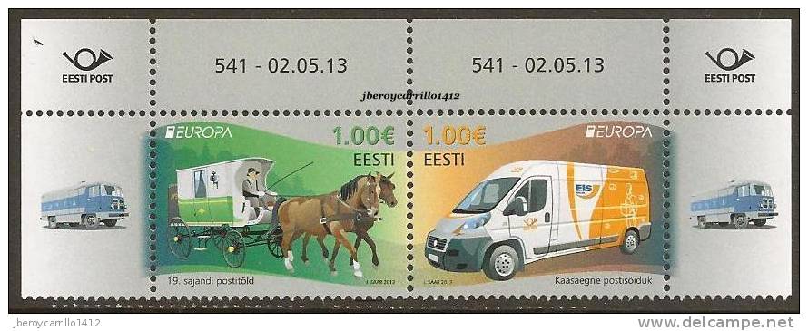 ESTONIA - EUROPA 2013 -TEMA ANUAL " VEHICULOS POSTALES "- SERIE De 2 V.  JUNTOS - CABECERA DE HOJA - 2013