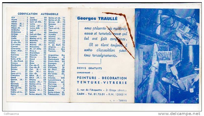 1965 Calendrier De Poche "G. Traullé Peinture,Décoration,Tentu Re,Vitrerie" à Caen / Commerces,métiers >> - Petit Format : 1961-70