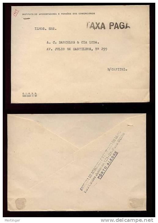 Brazil Brasilien 1951 Cover With TAXA PAGA Cancel PORTO ALEGRE - Lettres & Documents