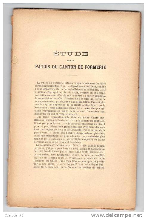 ETUDE SUR LA PATOIS ET LA LITTERATURE  DU CANTON DE  FORMERIE DE GOURCHELLES MUREAUMONT HERICOURT F GELLEE - 1801-1900