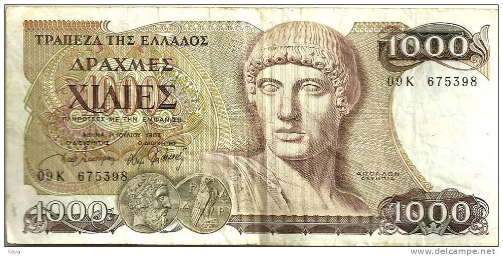 GREECE 1000 DRAHMAI DARKER BROWN MAN BIRD FRONT BUILDING BACK DATED 01-07-1987 P.202a F+ READ DESCRIPTION !! - Greece