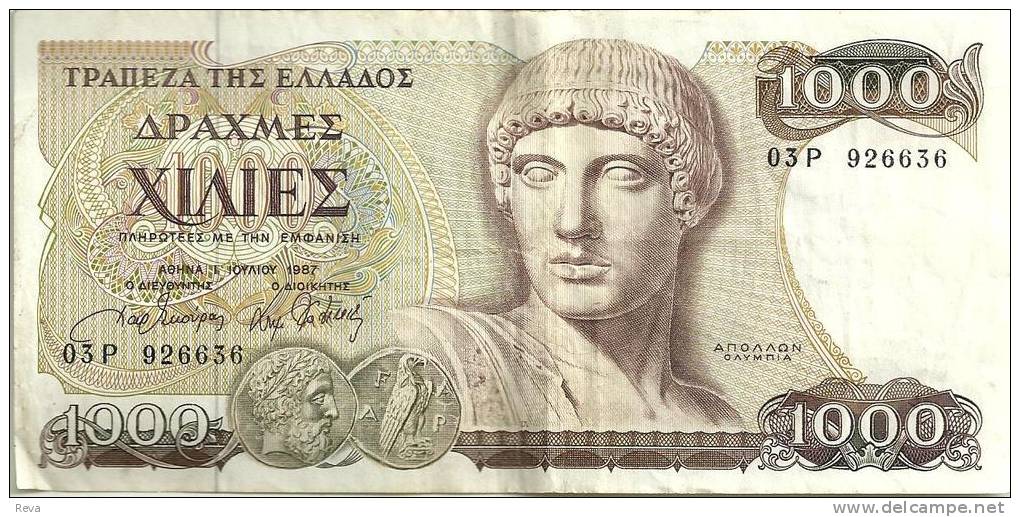 GREECE 1000 DRAHMAI DARKER BROWN MAN BIRD FRONT BUILDING BACK DATED 01-07-1987 P.202a F+ READ DESCRIPTION !! - Greece