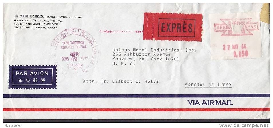 Japan Airmail Par Avion EXPRÉS Label AMEREX Meter Stamp 1966 Cover To YONKERS United States (2 Scans) - Airmail