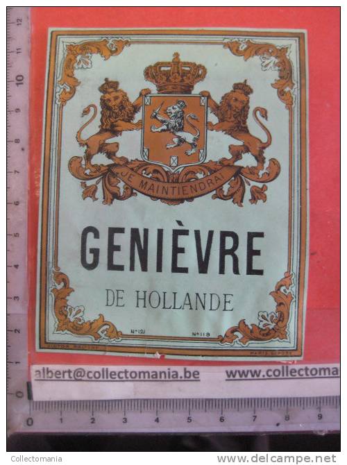 1 étiquette  XIX Ième  Litho -  GENIEVRE DE HOLLANDE N° 121  N° 119 _ IMPRIMERIE VICTOR PALYART Genever Jenever Genièvre - Leones