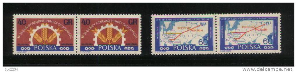 POLAND 1961 15TH ECONOMIC HELP CONGRESS SET OF 2 NHM HORIZ PAIRS MAP WHEAT OIL PIPELINE WHEEL - Aardolie