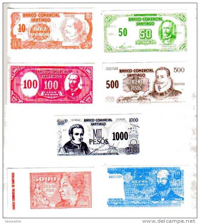 BILLET FACTICE DE JEU - CHILI - LOT DE 7 BILLETS - 10,50,100,500,1000,5000 Et 10000 PESOS - UNIFACE - PETIT FORMAT - Chile