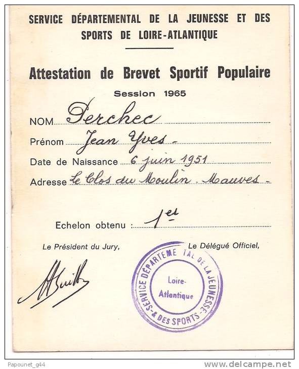 Attestation De Brevet Sportif Populaire 1965 - Diploma & School Reports