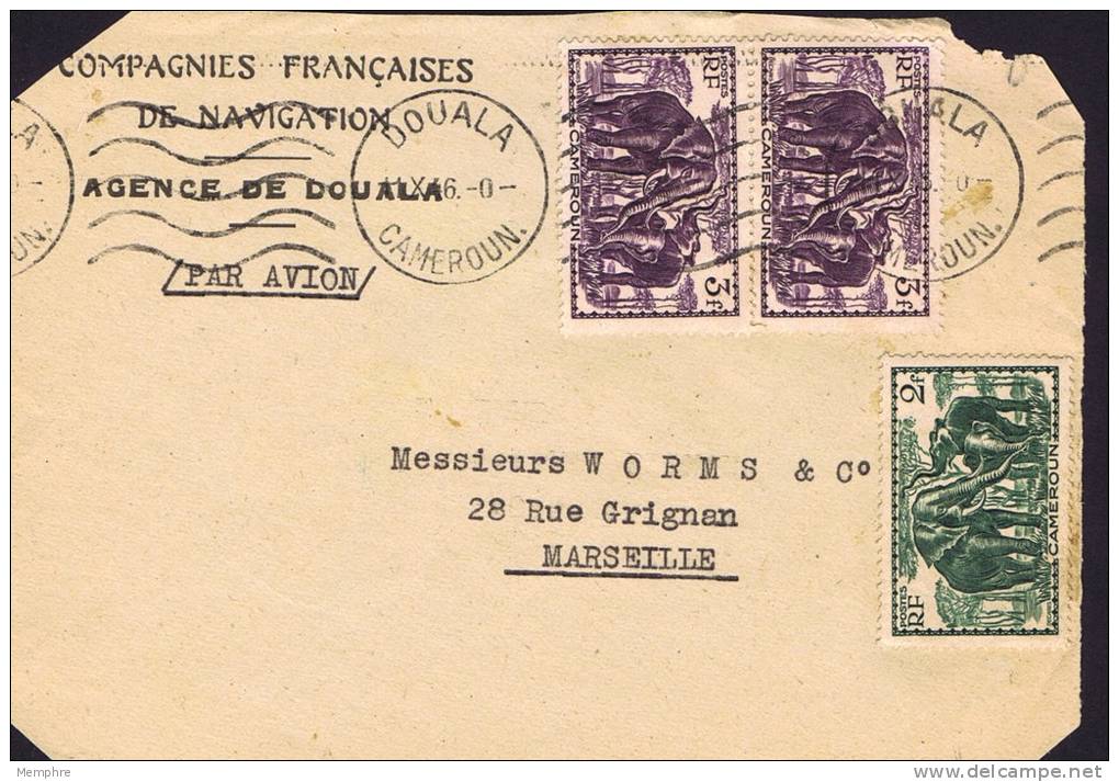 1946 Devant De  Lettre   Pour La France  Éléphants 2 Fr Yv 185, 3 Fr Yv 188 X 2 - Lettres & Documents