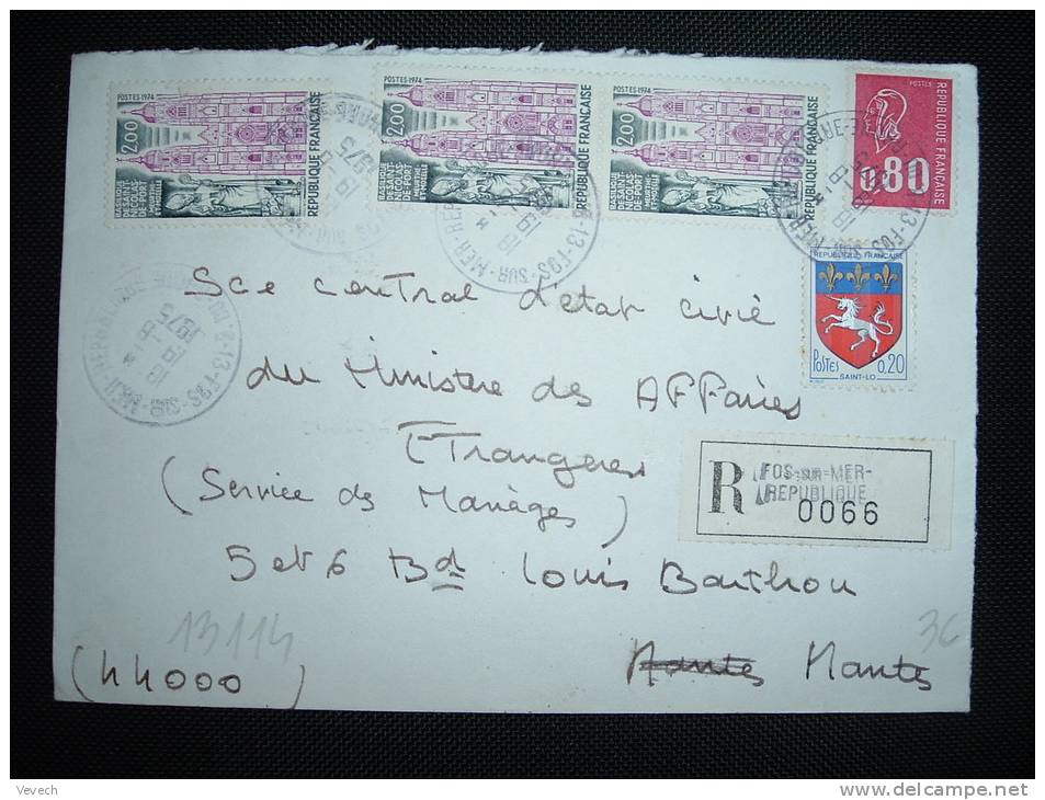 LR TP ST NICOLAS 2,00F X3 +BEQUET 0,80F+ST LO 0,20F OBL. 19-8-1975 FOS SUR MER REPUBLIQUE (13 BOUCHES DU RHONE) + GRIFFE - Storia Postale