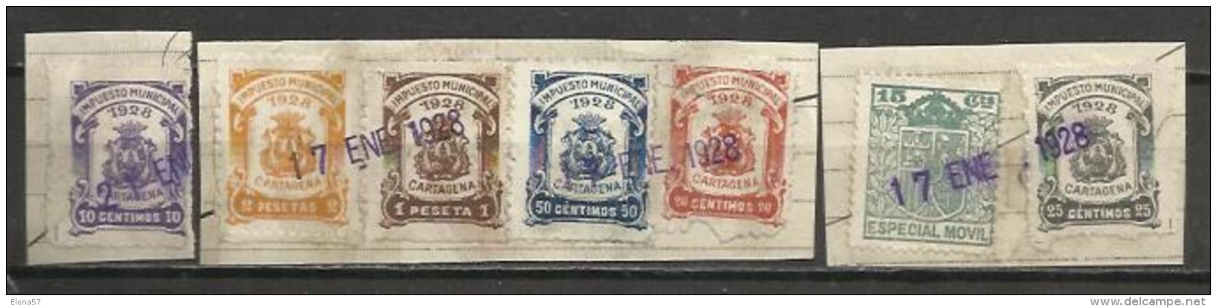 4142- LOTE COLECCION SELLOS LOCALES FISCALES CARTAGENA 1928 NO CATALOGADOS,ALTO VALOR Y SOBRE FRAGMENTO ORIGINAL. 4142 - - Revenue Stamps