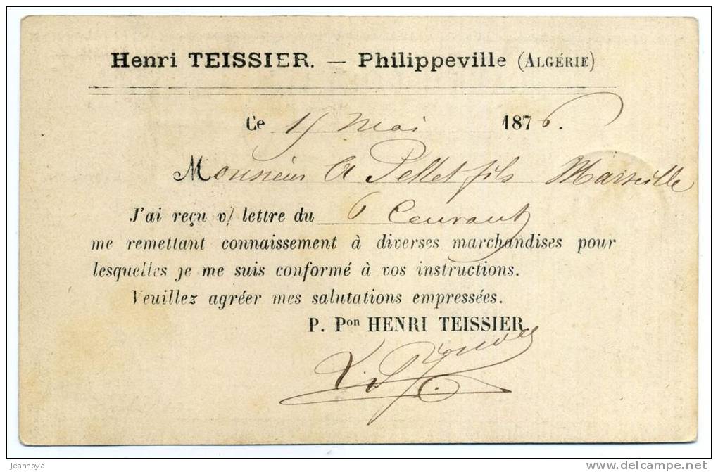 ALGERIE - CARTE PRECURSEUR REPIQUÉ - CERES N° 55, CARTE TEISSIER DE PHILIPPEVILLE LE 15/5/1879 POUR MARSEILLE - TB - Precursor Cards