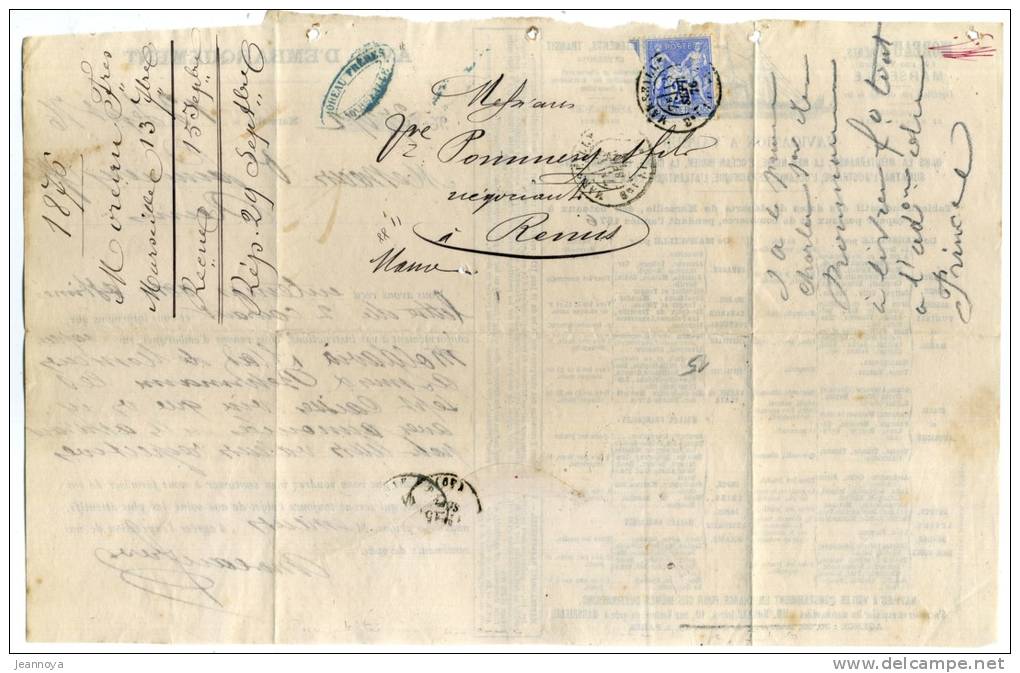 FRANCE - N° 78, SUR AVIS D'EMBARQUEMENT, MOREAU FRÉRES, NAVIGATION A VAPEUR DE MARSEILLE LE 13/9/1876 - SUP - Schiffspost
