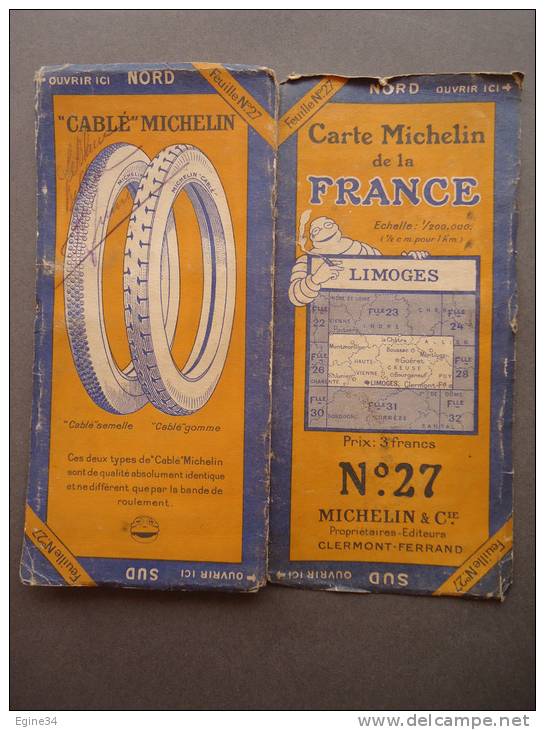 Carte Michelin De La France - LIMOGES - Feuille No 27 (4) - Publicité "Cablé" Michelin - Cartes Routières