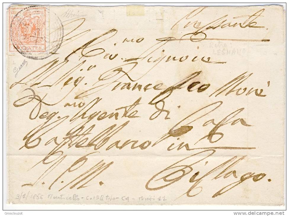 Lombardo Ven 9.Gen.1856 Piego Monticello-Cislago, C 15 II Tipo Rosa Carnicino Annullato C4 Punti 11 Firme Diena E Biondi - Lombardo-Veneto