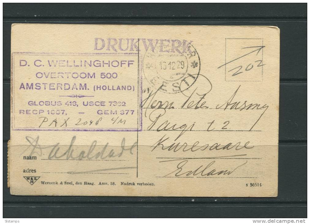 Netherlands 1929 Postal Card   To Estonia Kuressaare  Amsterdam - Lettres & Documents