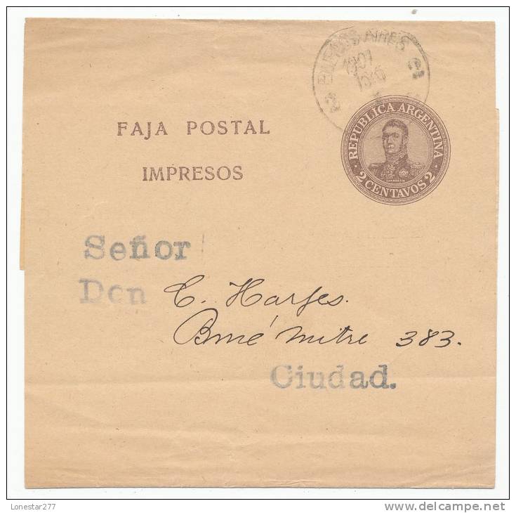 ARGENTINA POSTAL STATIONERY NEWSPAPER WRAPPER # F50 VARIETY (1907) - Interi Postali