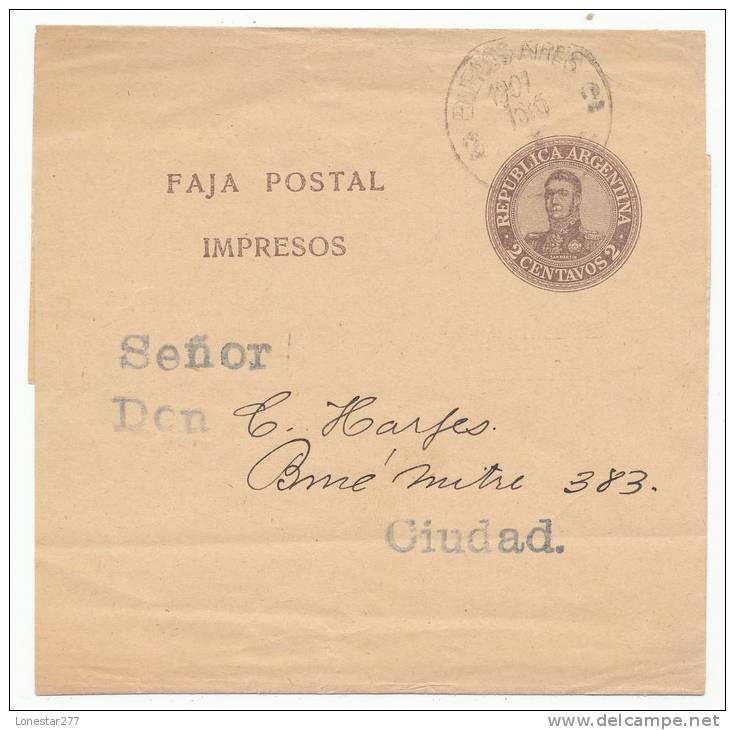 ARGENTINA POSTAL STATIONERY NEWSPAPER WRAPPER # F50 VARIETY (1907) - Postal Stationery