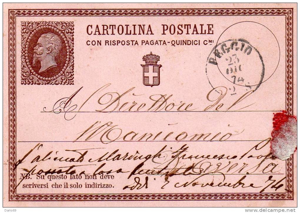 1874  CARTOLINA CON ANNULLO   REGGIO CALABRIA - Stamped Stationery