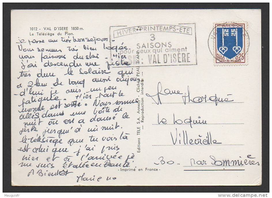 DF / SUR CARTE POSTALE /  FLAMME " 3 SAISONS POUR CEUX QUI AIMENT LE SKI : VAL D' ISÈRE " OBL. 30 -3 1969 / TP 1469 - Oblitérations Mécaniques (flammes)