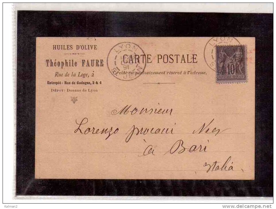 DE451   -  FRANCIA STORIA POSTALE  -   CARTE POSTALE     LYON/BARI     28.10.1891 - 1877-1920: Période Semi Moderne