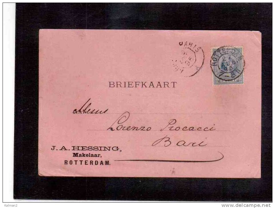 DE466   -  OLANDA STORIA POSTALE  -    BRIEFKAART   ROTTERDAM/BARI   27.8.1895 - Brieven En Documenten