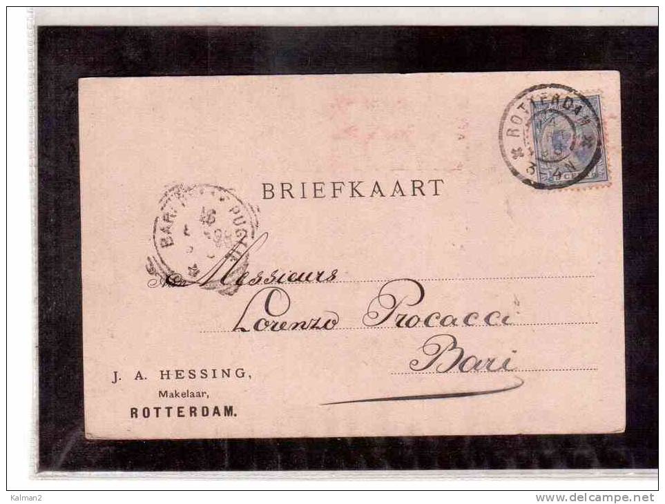 DE467   -  OLANDA STORIA POSTALE  -    BRIEFKAART   ROTTERDAM/BARI   14.3.1898 - Brieven En Documenten