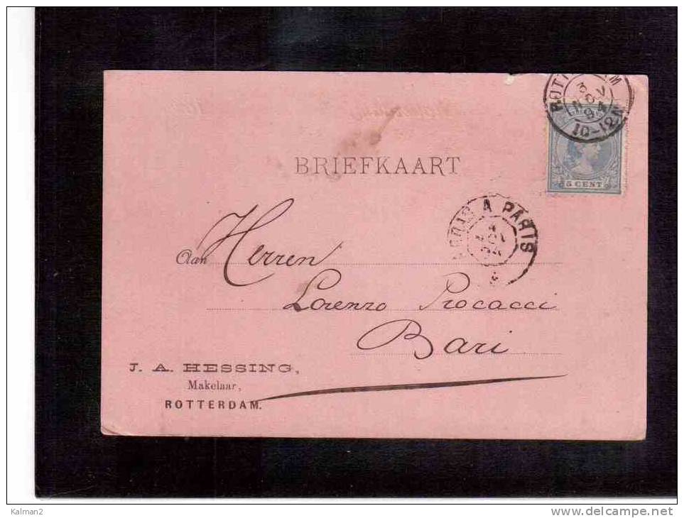 DE468   -  OLANDA STORIA POSTALE  -    BRIEFKAART   ROTTERDAM/BARI   3.11.1894 - Brieven En Documenten