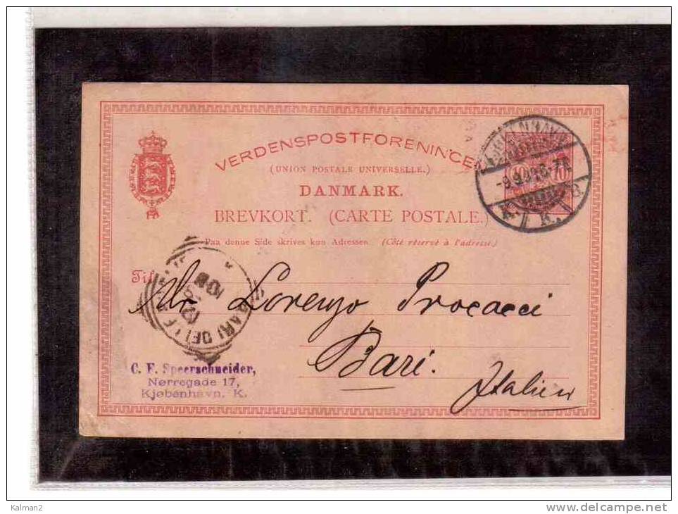 DE487   -    DANIMARCA    STORIA POSTALE  -     BREVKORT   KOBENHAVN/BARI    9.9.1898 - Ganzsachen