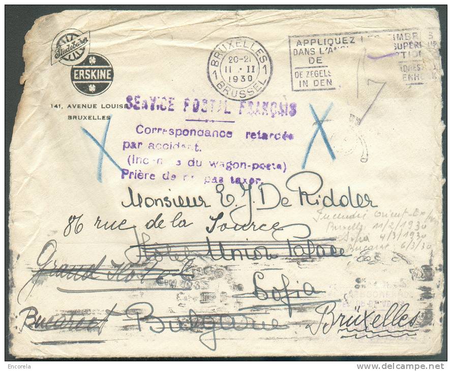 Enveloppe Exépdiée De BRUXELLES Le 11-II-1930 (cachet Mécanique) Vers Sofia (Bulgarie) Par Le Service De L´ORIENT-EXPRES - Unfallpost