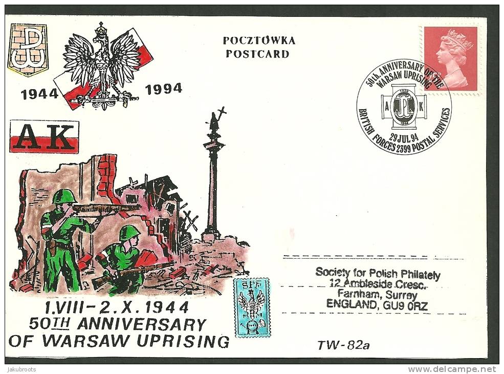 POSTCARD , HOME ARMY   50th. ANNIVERSARY OF THE WARSAW  UPRISING  1944--1994. - Government In Exile In London