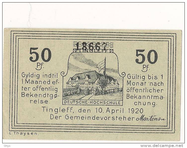 DANEMARK / DENMARK -  TINGLEFF / 50 PFENNIG 1920 - Danemark