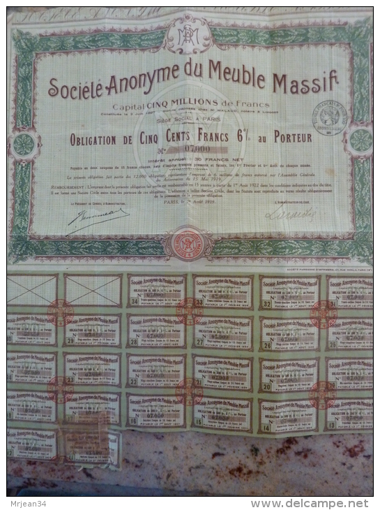 S A DU MEUBLE MASSIF OBLIG 6% N° 7000 SIEGE PARIS NOTAIRE LIMOGES 1919 - Industrie