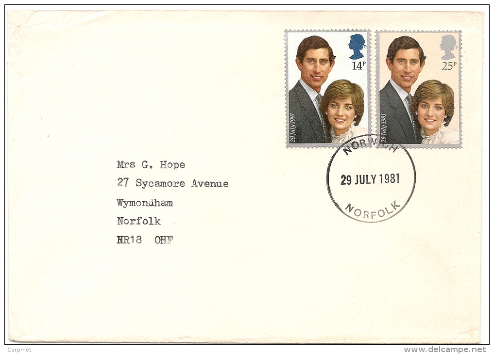 UK - 1981 ROYAL WEDDING - Prince Charles And Lady Dy - Circulated In NORFOLK SG # 1160/1 - Storia Postale