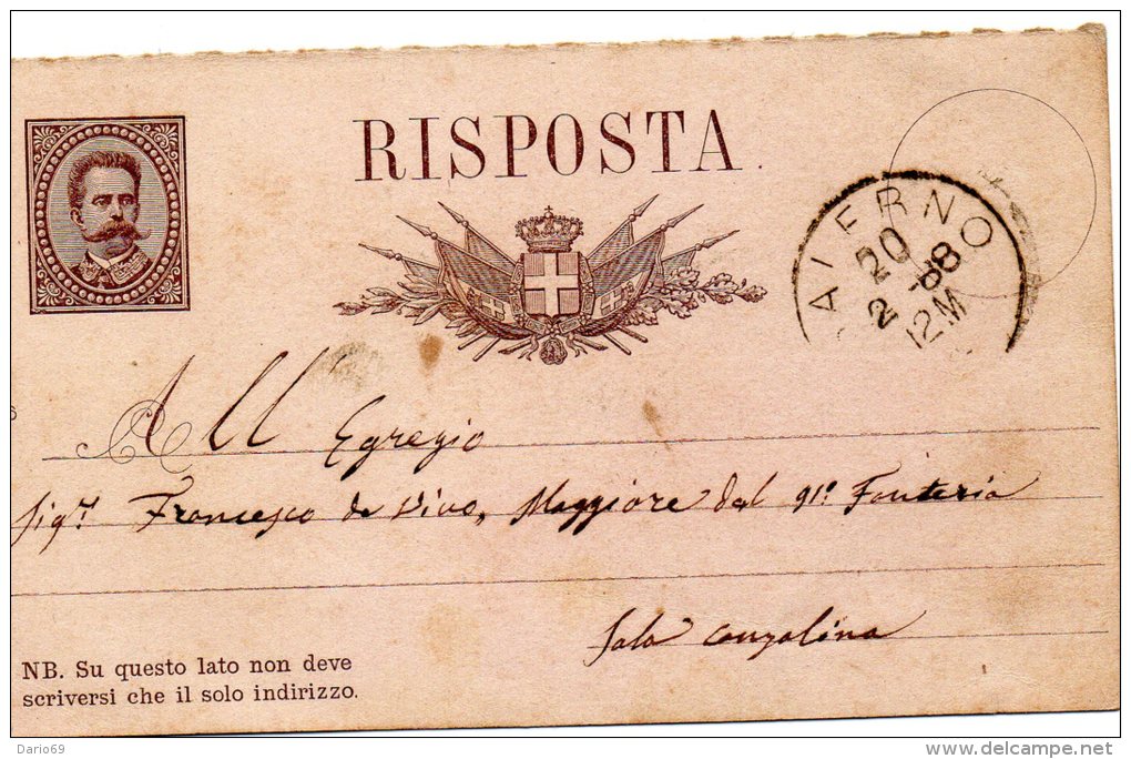 1888  CARTOLINA CON ANNULLO SALERNO - Stamped Stationery
