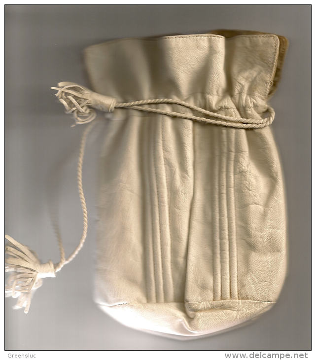 POCHETTE AUMONIERE COMMUNION CUIR ANCIENNE, Doublée Tissu,lacet Avec Pompons Coulissant Pour Femeture - 1900-1940