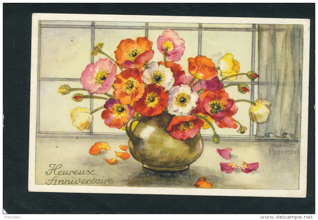 FLEURS - Jolie Carte Fantaisie Bouquet D'anémones Dans Vase De "Heureux Anniversaire" Signée Hannes PETERSEN - Petersen, Hannes