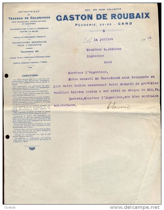 Factuur Brief Lettre Gent - Gaston De Roubaix - 1926 - 1900 – 1949