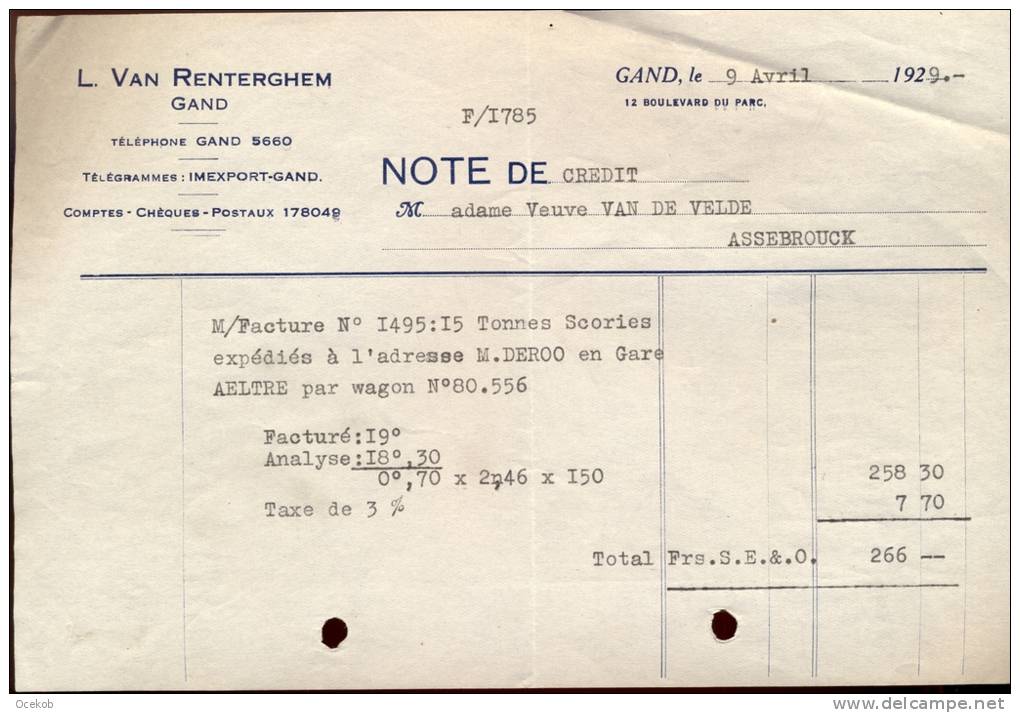 Factuur Brief Lettre Gent -creditnota - Van Renterghem 1929 - 1900 – 1949