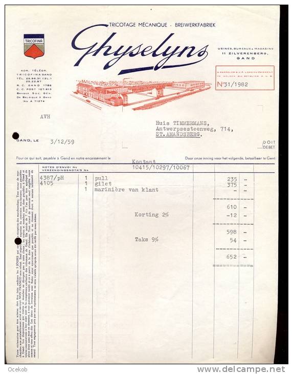 Factuur Brief Lettre Gent - Breiwerkfabriek Ghyselyns - Tricofina 1959 - 1950 - ...