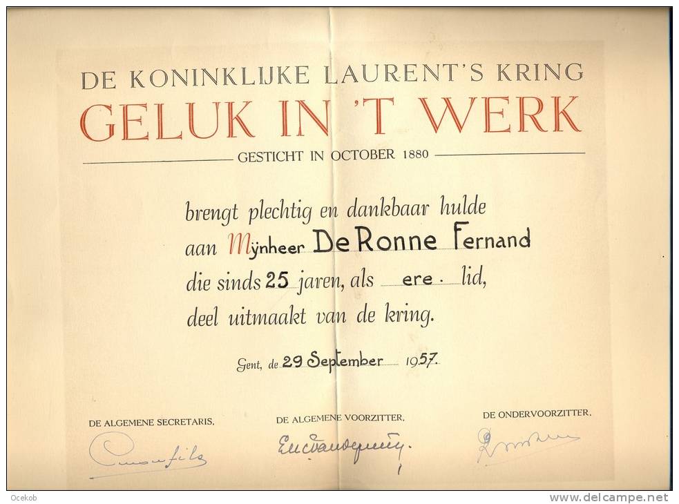 Diploma Laurent's Kring Gent - De Ronne Fernand 1957 - Diploma's En Schoolrapporten