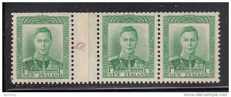 New Zealand MH Scott #227A 1p King George VI, Green Counter Coil Strip Of 3 With Purple '5' Counter - Ongebruikt