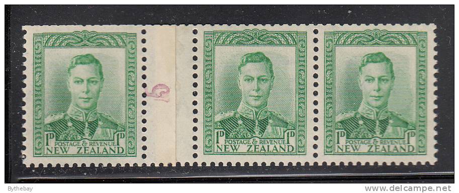 New Zealand MH Scott #227A 1p King George VI, Green Counter Coil Strip Of 3 With Purple '5' Counter - Unused Stamps