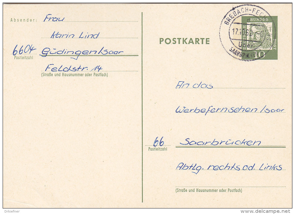 BRD P 74 Mit Landpoststempel:  Brebach-Fechingen über Saarbrücken 17.10.1962 - Maschinenstempel (EMA)