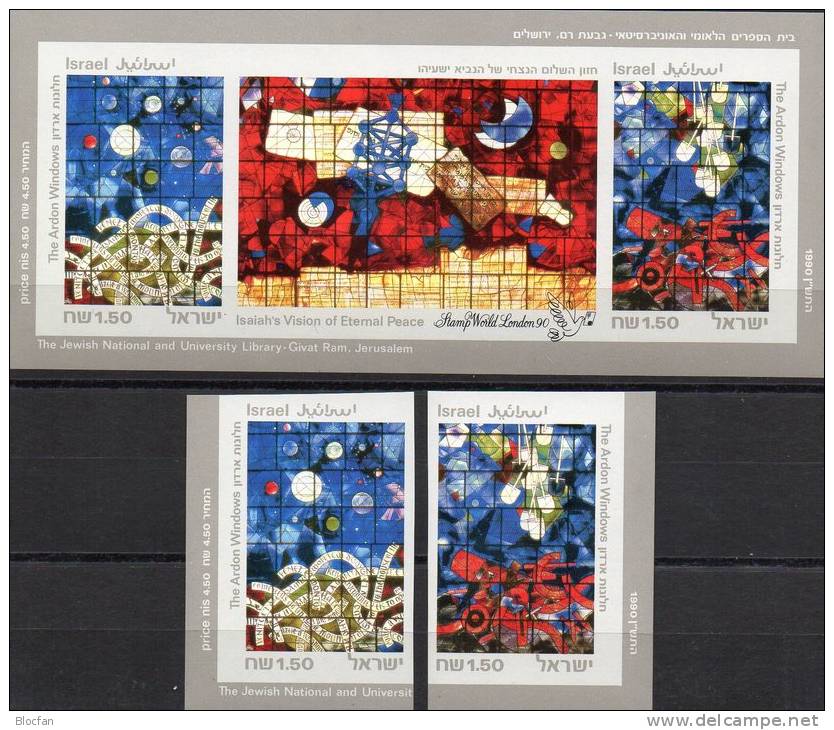 STAMP WORLD LONDON`1990 Glasfenster Israel 1158/9+Block 41 B ** 185€ Imperf.Bibliothek Mordechai Philatelic Bloc Bf Asia - Ongebruikt (met Tabs)