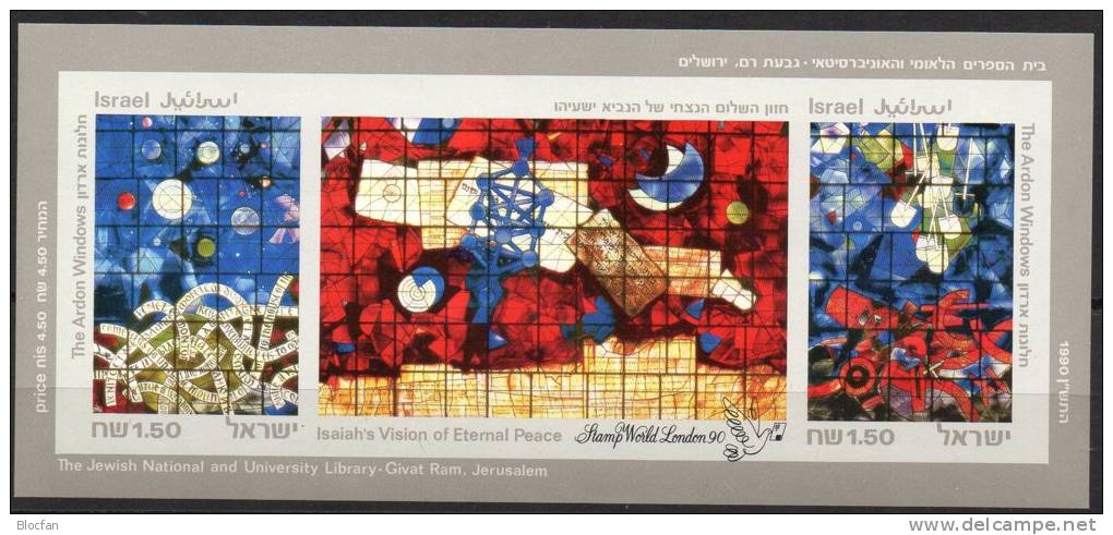 STAMP WORLD LONDON`1990 Glasfenster Israel 1158/9+Block 41 B ** 185€ Imperf.Bibliothek Mordechai Philatelic Bloc Bf Asia - Neufs (avec Tabs)