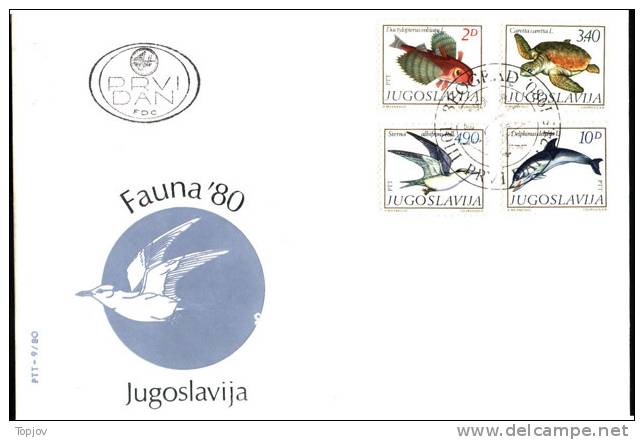 YUGOSLAVIA - JUGOSLAVIA  - DOLPHINE - TURTLE - FISH - BIRDS - FDC -1980 - Delfines