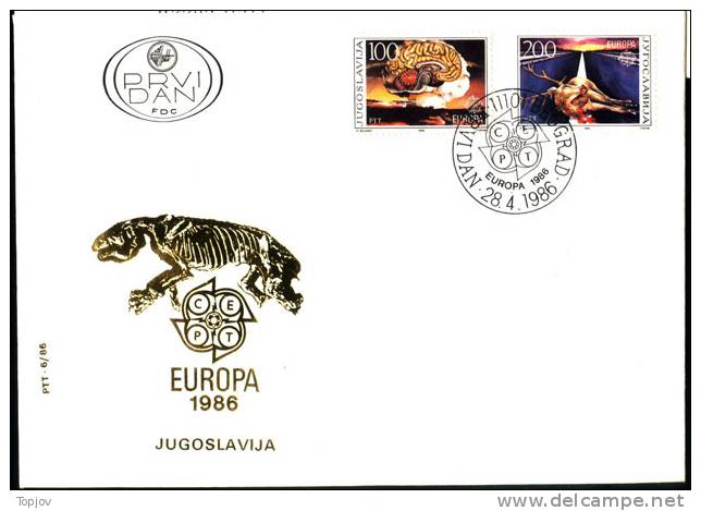 YUGOSLAVIA - JUGOSLAVIA  - PREHISTORY FOSILS ANIMAL - ATOM BOMB - BRAIN - DEER - FDC -1986 - Vor- Und Frühgeschichte