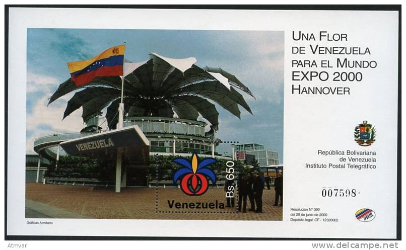 1417. VENEZUELA (2000) - Hoja / Sheet EXPO 2000 HANNOVER - Una Flor Para El Mundo - Michel Block 65 - 2000 – Hannover (Duitsland)