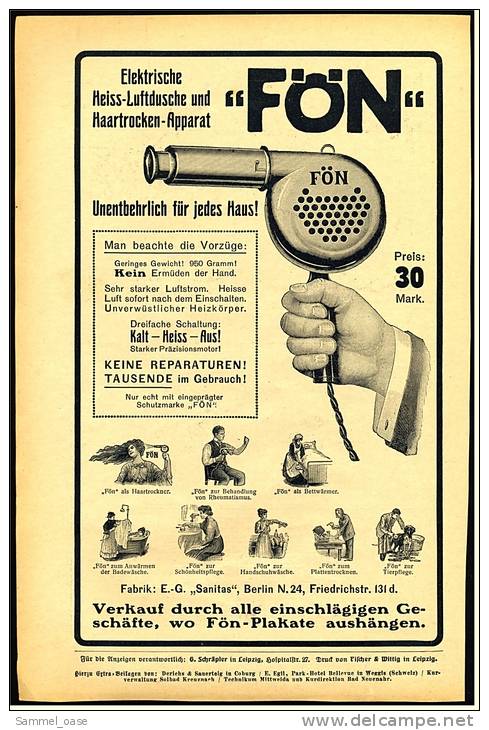 Reklame Von 1914 ,  Fön  , Elektrische Heiss-Luftdusche Und Haartrocken-Apparat  -  Werbeanzeige - Andere Geräte