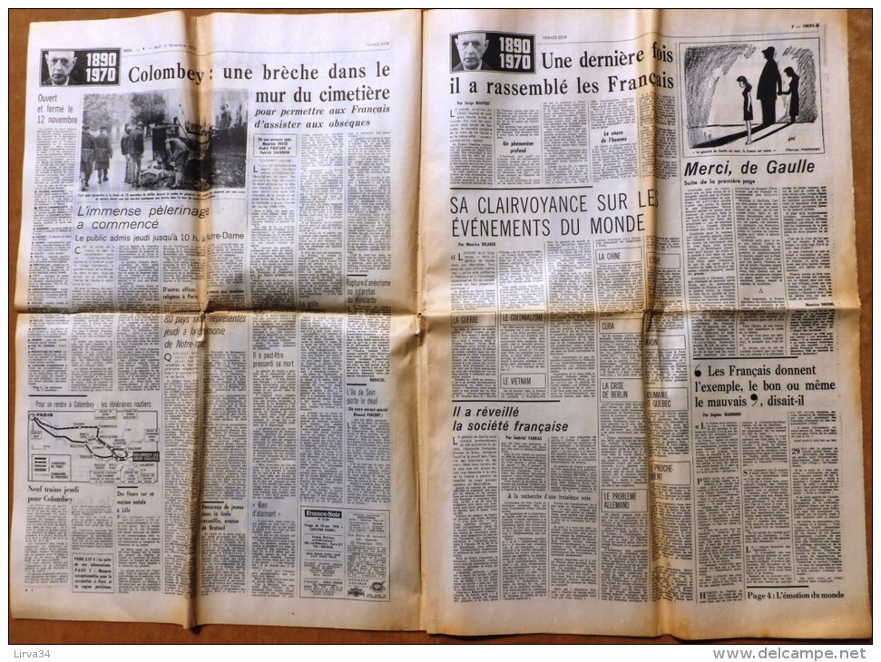 MORT DU GENERAL DE GAULLE- FRANCE-SOIR DU 12-11-1970- LA VEILLÉE- NOMBREUSES PHOTOS ET ARTICLES- 5 SCANS - Altri & Non Classificati